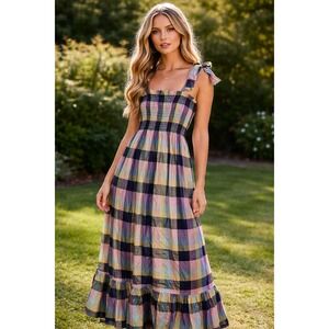 Faith-Rowan Leeves XS Maxi Dress Womens Multicolor Excellent Plaid Smocked